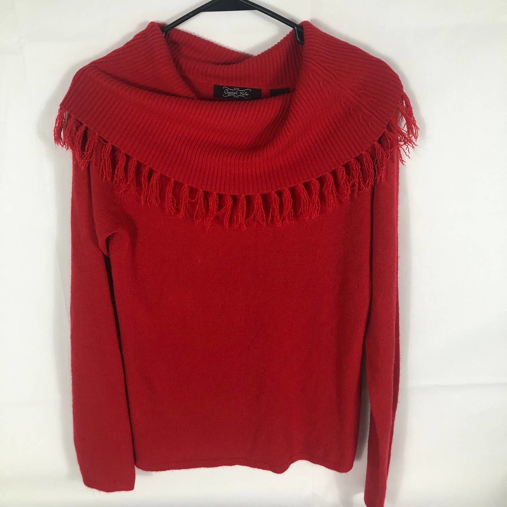 Crystal Kobe Sweater Womens Medium Red Mock Neck Fringe